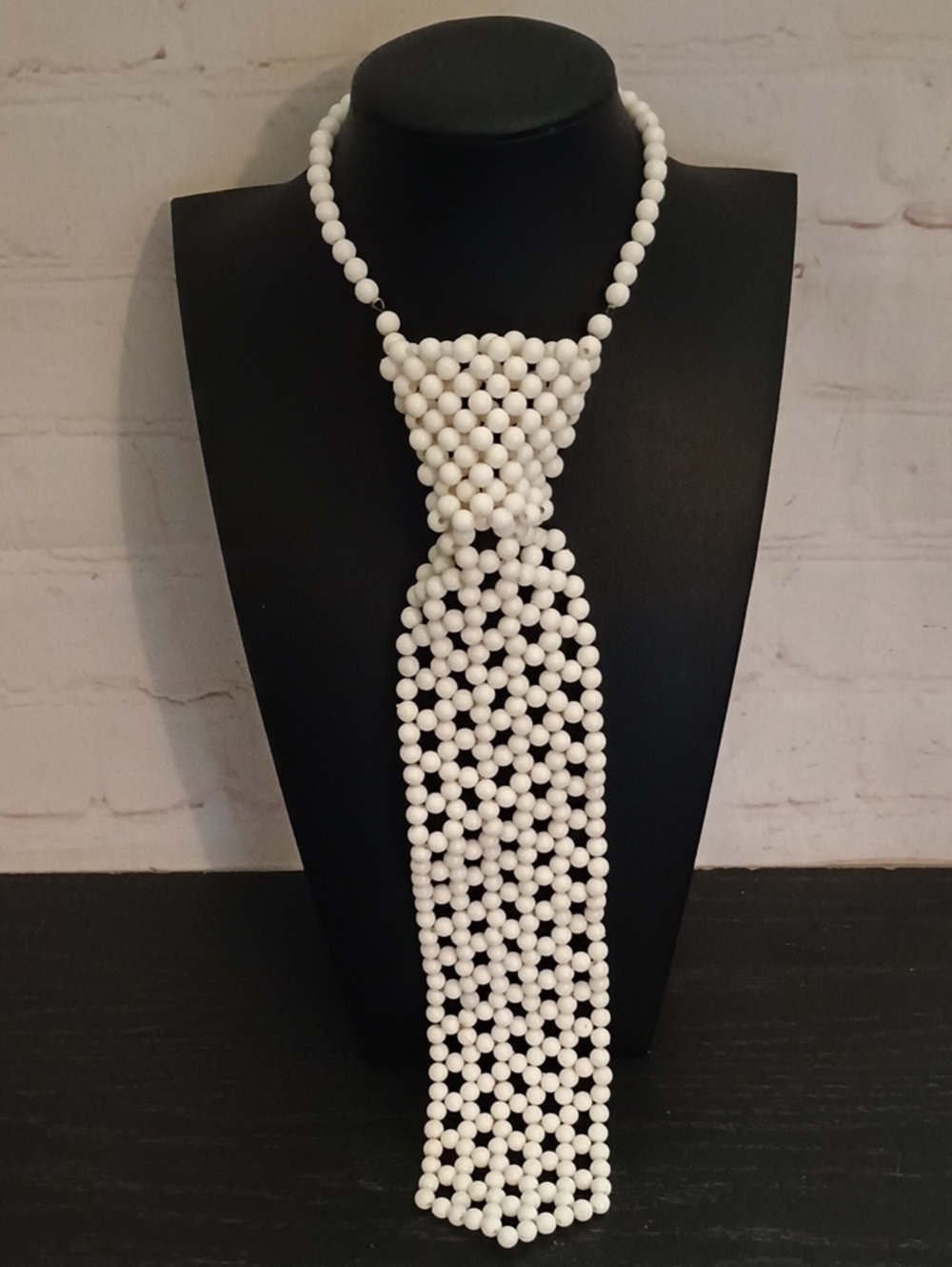 Vintage Beaded White Men's Tie Necklace Adjustable